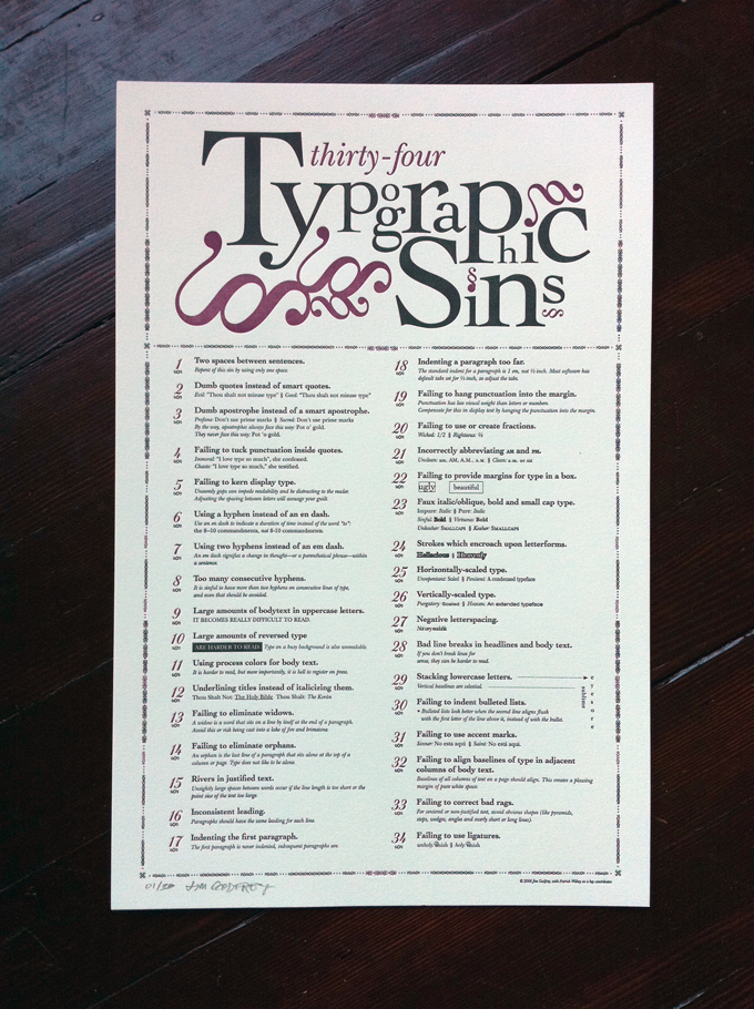 34 Typographic Sins | Letterpress Poster